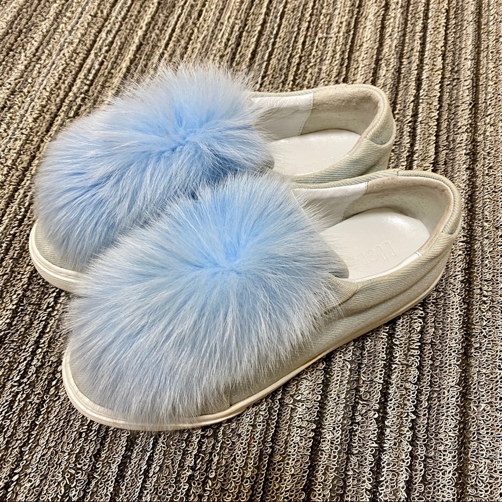 Here/Now Baby Blue Fox Fur Pom Pom Denim Platform Sneakers - Women’s size 5